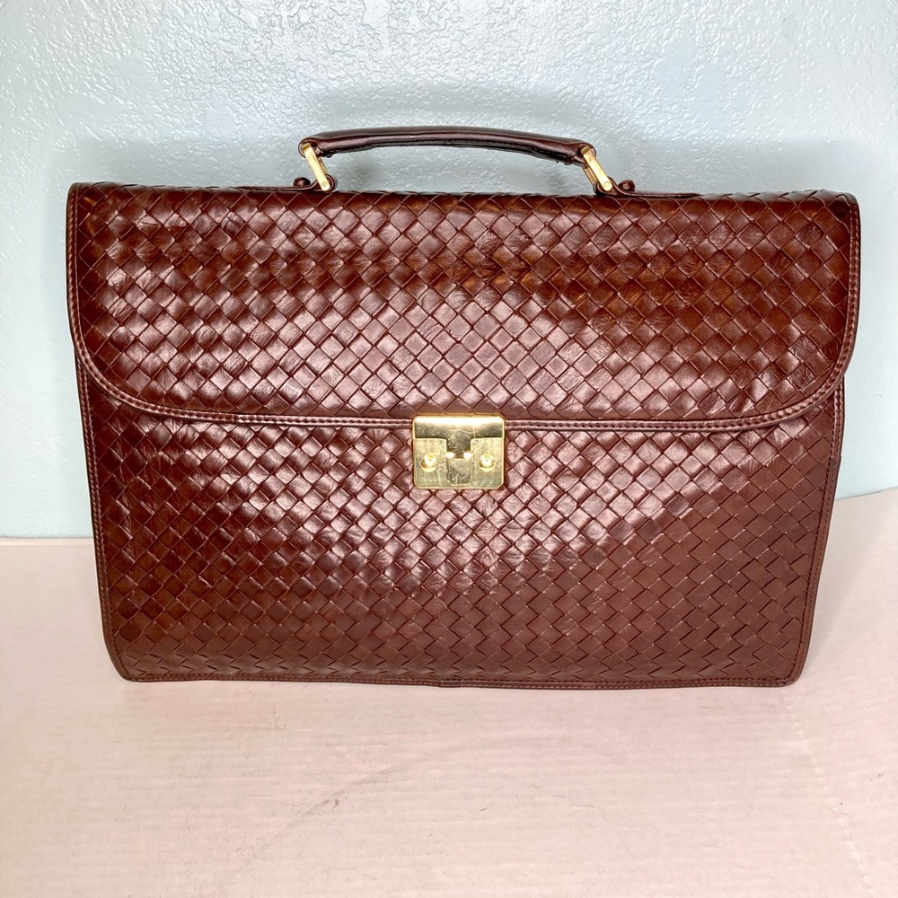 Vintage Bottega Veneta Intreciatto Men's Brown Calf Leather Briefcase Satchel